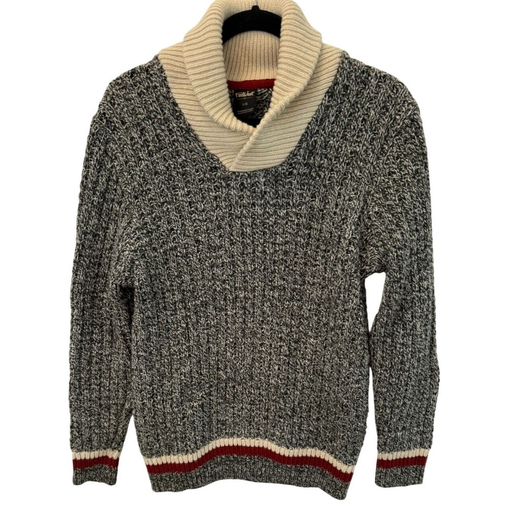 FarWest Mens Shawl Collar Marled Knit Wool Blend Sweater Grey‎ Red Stripe Large